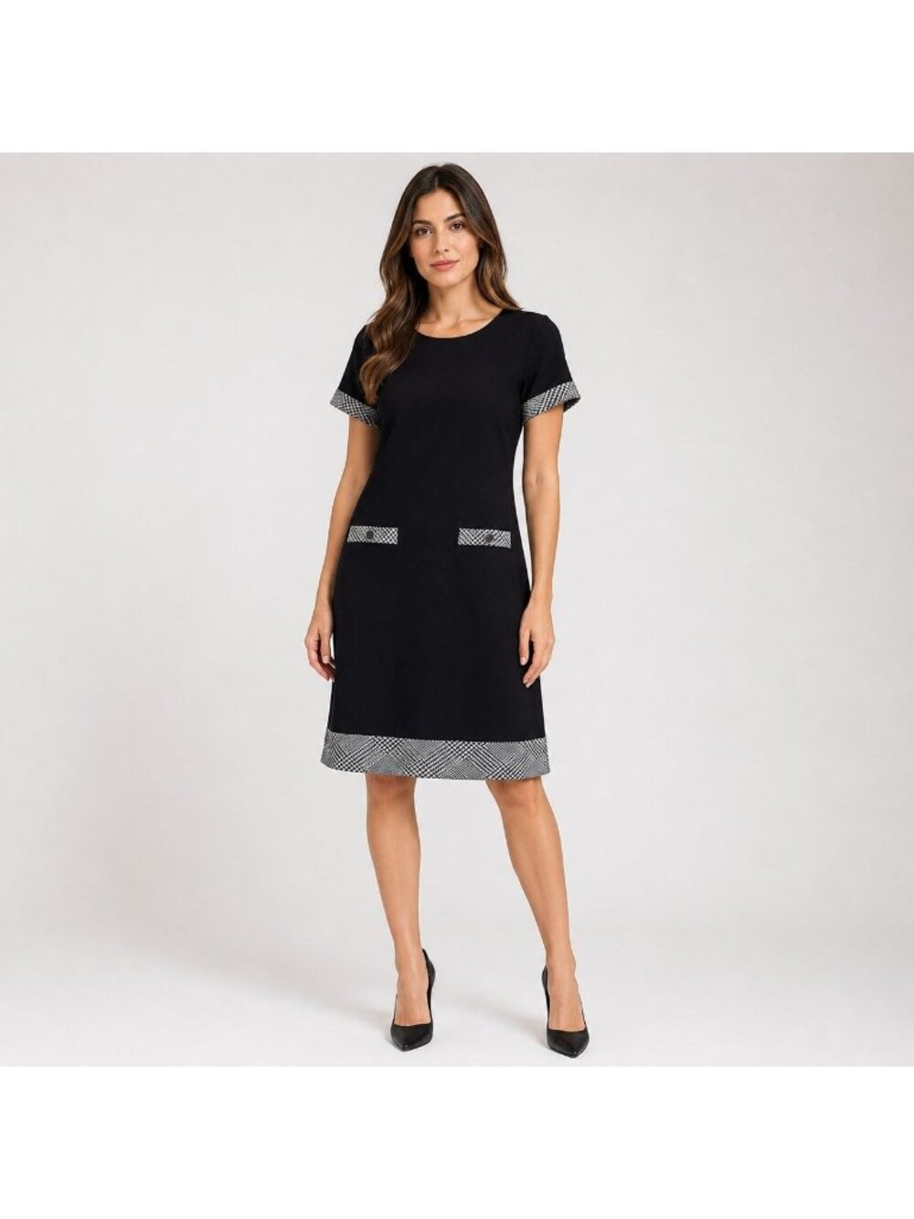 Connected Apparel Women Black Short Sleeve Knee Length Dress Size 8